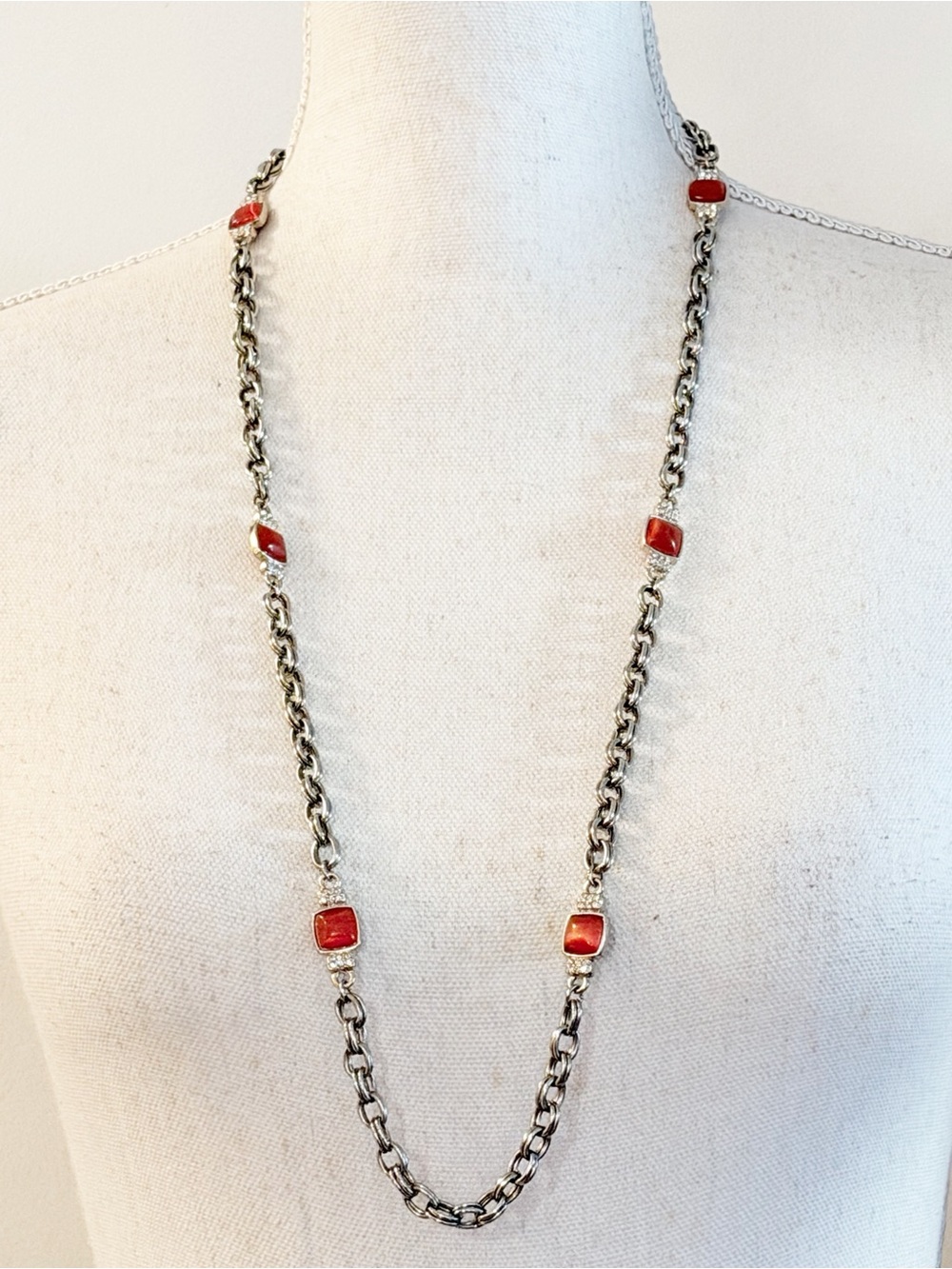 BANANA REPUBLIC Silver Tone Red Stone Long Chain Necklace Statement Jewelry